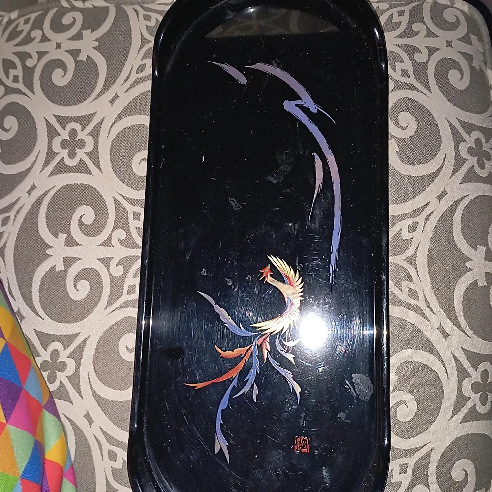 Black Lacquer Asian Bird vintage Vanity Tray